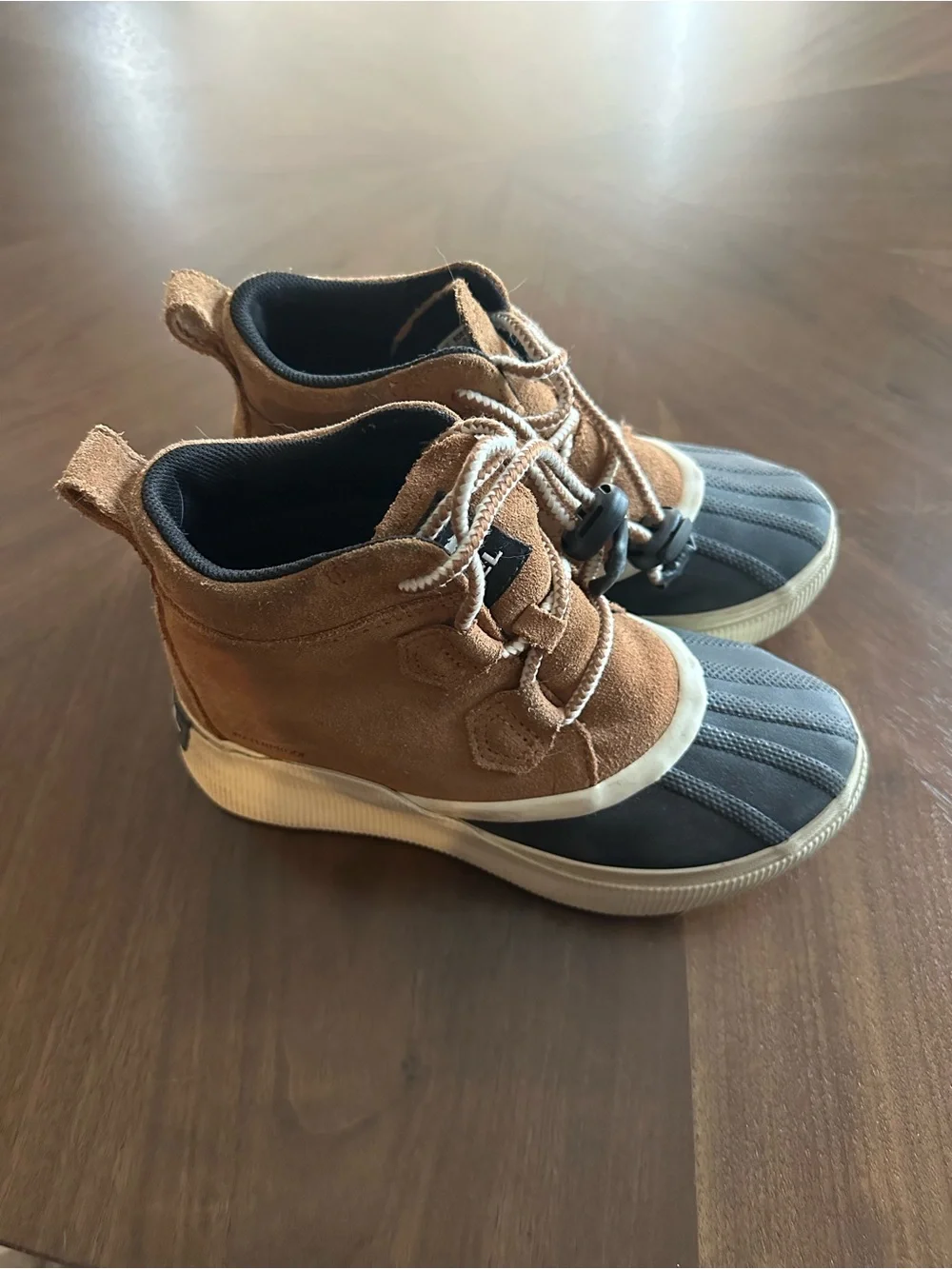 Sorel Kids Tan Suede and Gray Waterproof Duck Boots